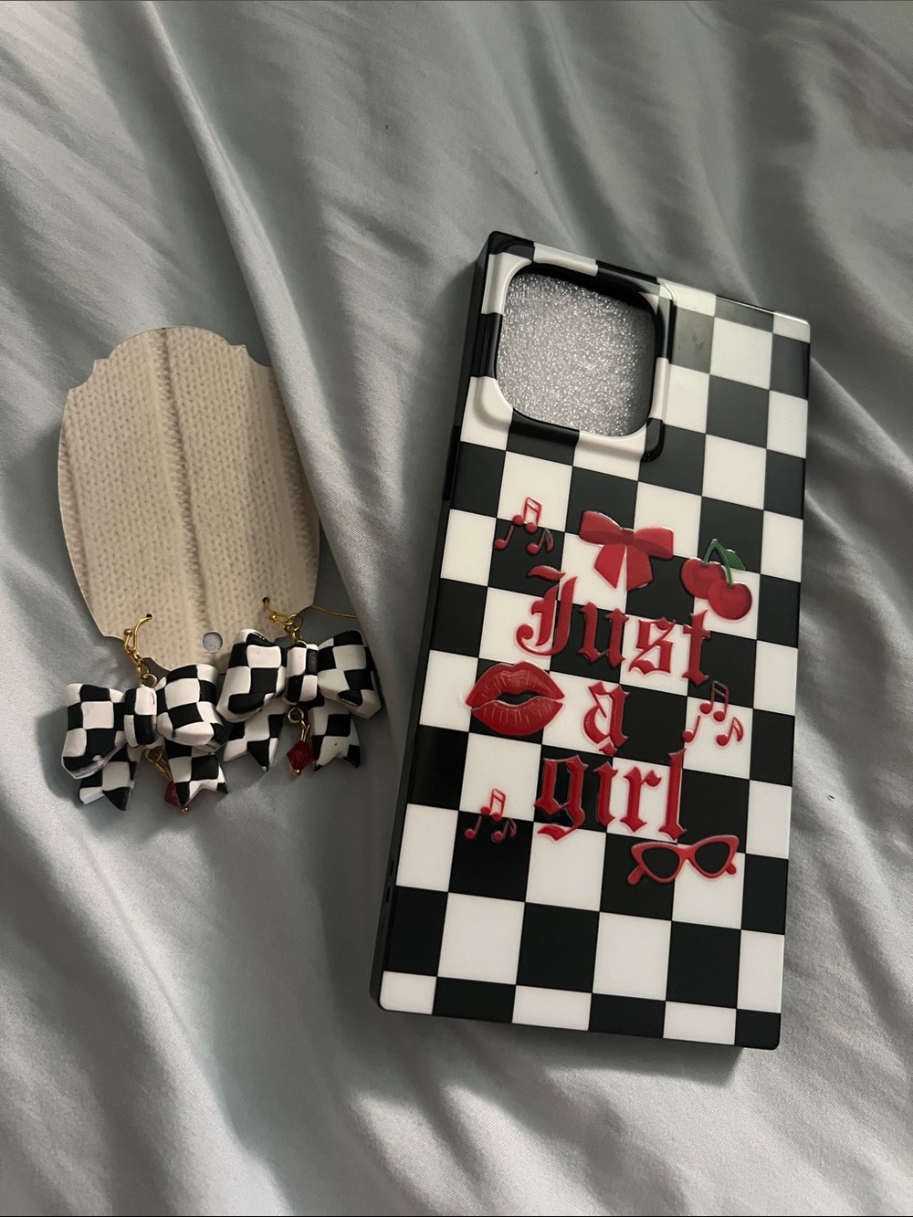 Checkerboard Black & White Bow Drop Earrings & “Just a Girl” Phone Case Set